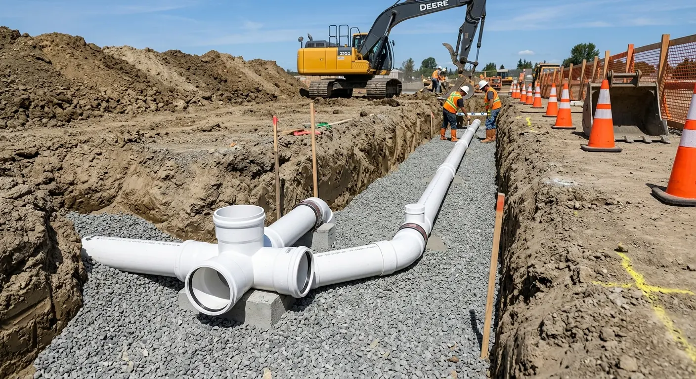 New PVC sewer pipe installation in open trench for Commercial Drain Cleaning in Independence