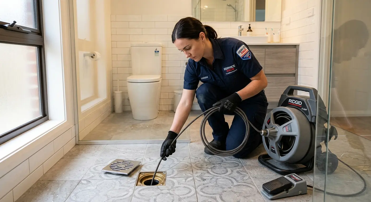 Technician clearing a bathroom floor drain for Clogged Drain Repair in Independence